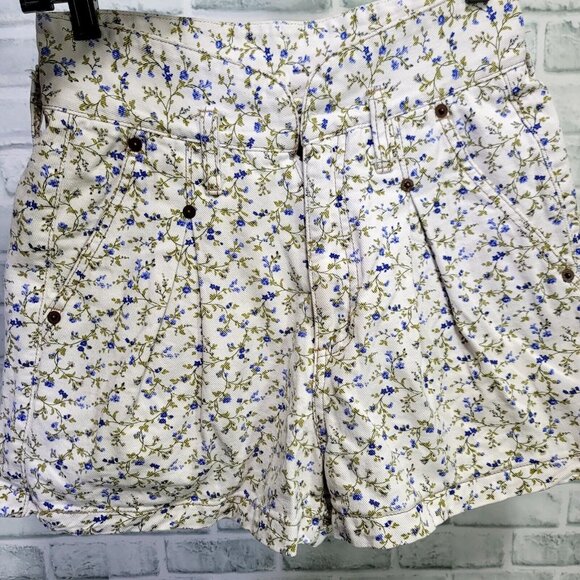 Vintage 90s Grass Raggs Ditsy Floral Print Denim Hi Paper Bag Waist Jeans Shorts - Picture 6 of 10